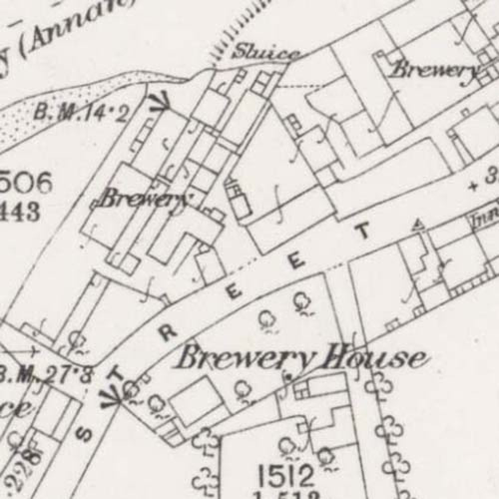 Map of 1859 showing the Annan Brewery (left), James Hope's brewery (right), and Brewery House (bottom). &copy; National Library of Scotland, 2015