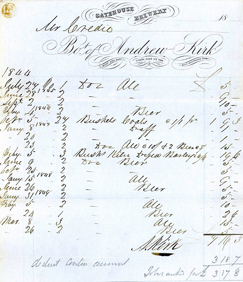 Invoice from the Gatehouse Brewery