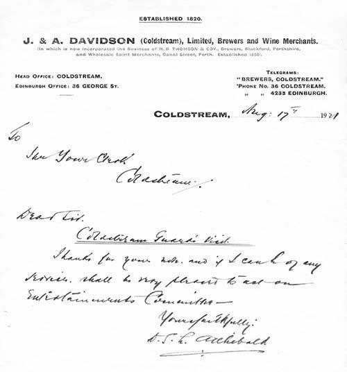 Letter from J. & A. Davidson (Coldstream) Ltd