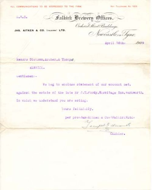 Letter from James Aitken & Co (Falkirk) Ltd